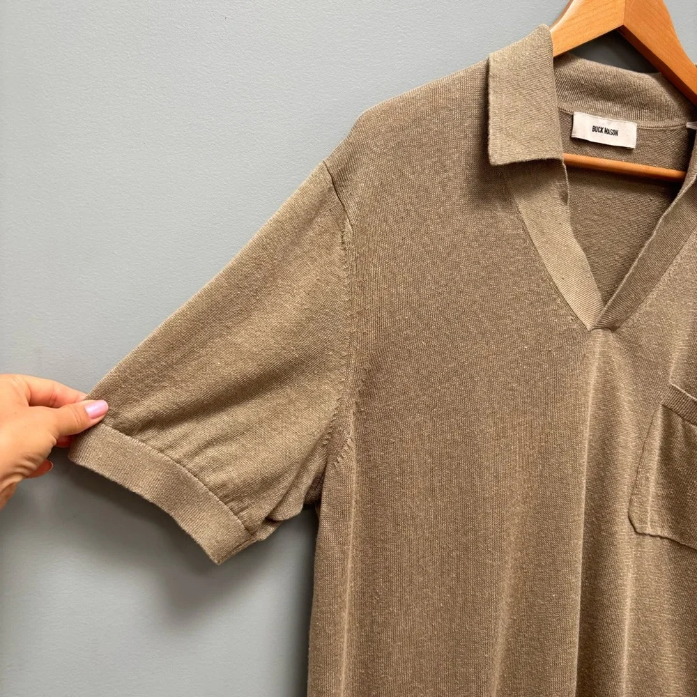 SOLD! Buck Mason Italian Slub Linen Knit Patch Pocket Polo Short Sleeves L - Picture 5 of 9